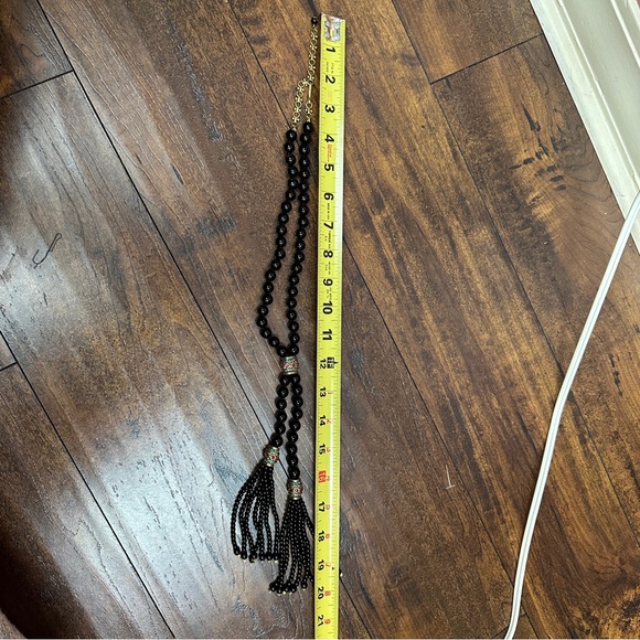 Heidi Daus choker style necklace long black beaded tassels pink & green stones - Picture 5 of 6